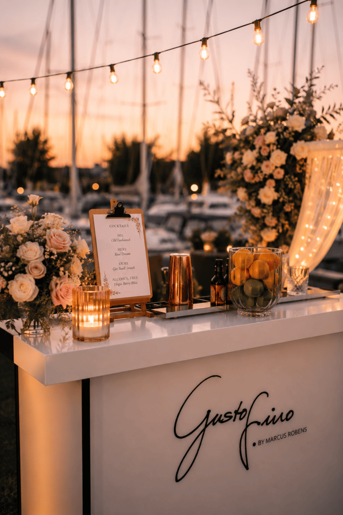 Hochzeit Catering: Mobile Cocktailbar von gustofino mit Cocktailkarte und Logo