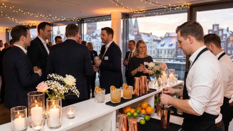 Professionelles Cocktail-Catering für Business Events in Lübeck mit winterlichem Stadtblick und stilvollem Ambiente.