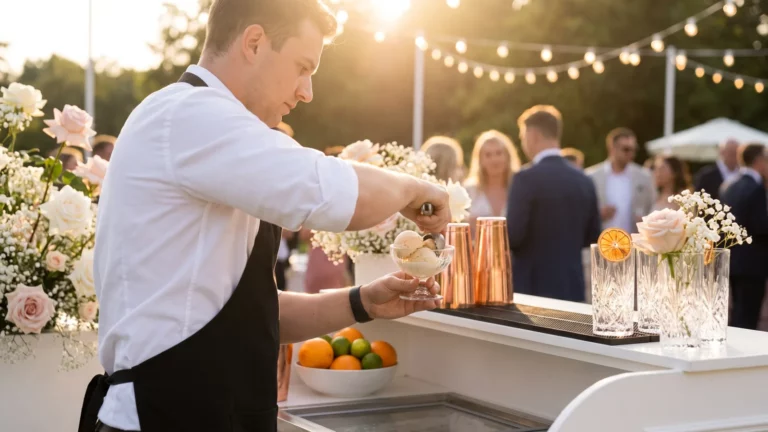 Getränke Catering Hochzeit: Ein Barkeeper schöpft Eis für Gäste an einer mobilen Bar bei einer Hochzeit im Freien.