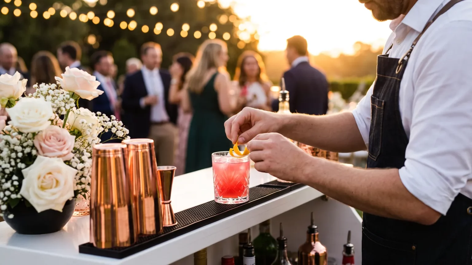 Professioneller Barkeeper bereitet eleganten Cocktail bei einem Getränke Catering Hochzeit im Freien zu.
