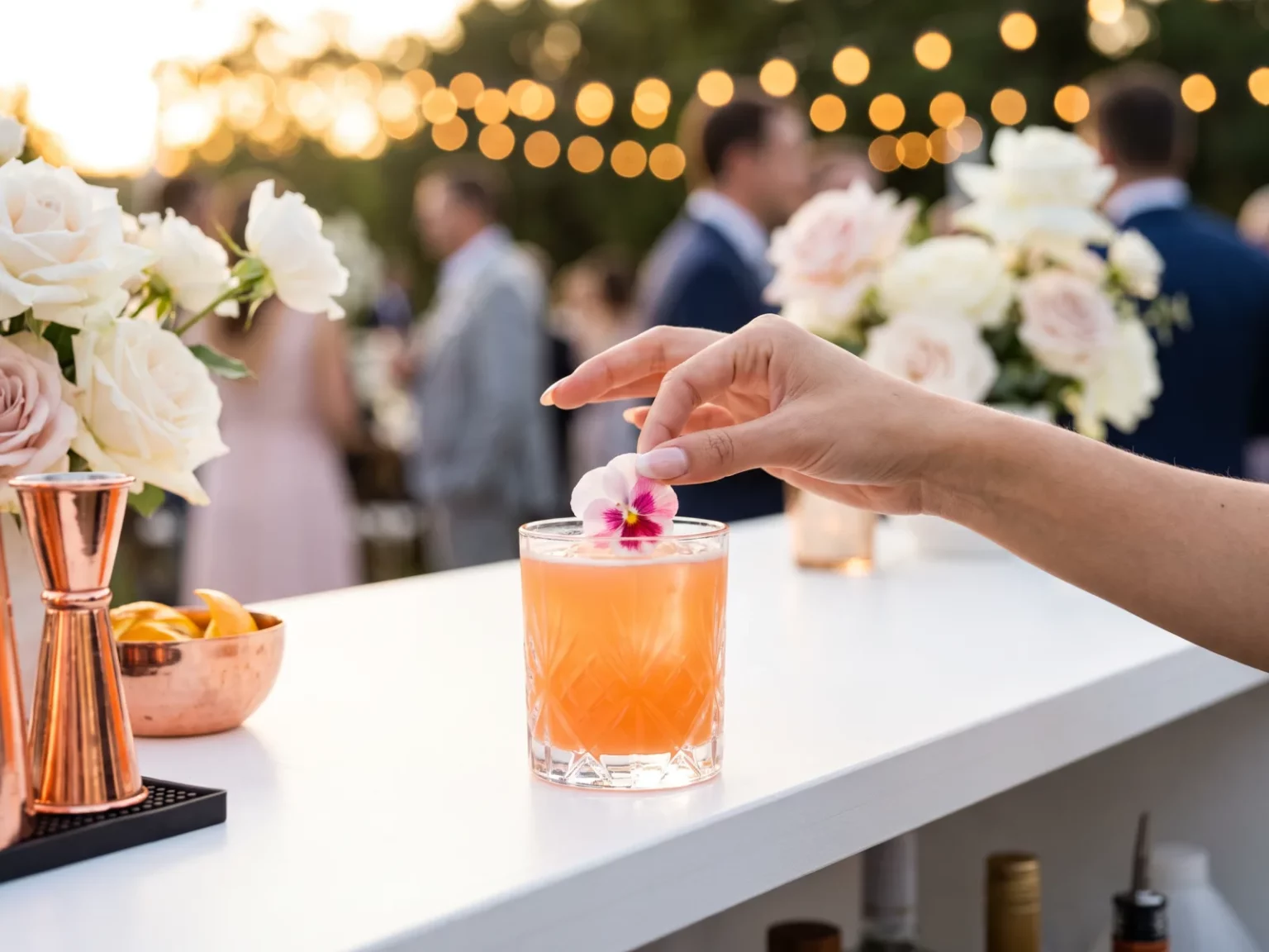 Eine Hand garniert einen erfrischenden Cocktail mit einer Blüte auf einem Tresen bei einem Getränke Catering für eine Hochzeit.