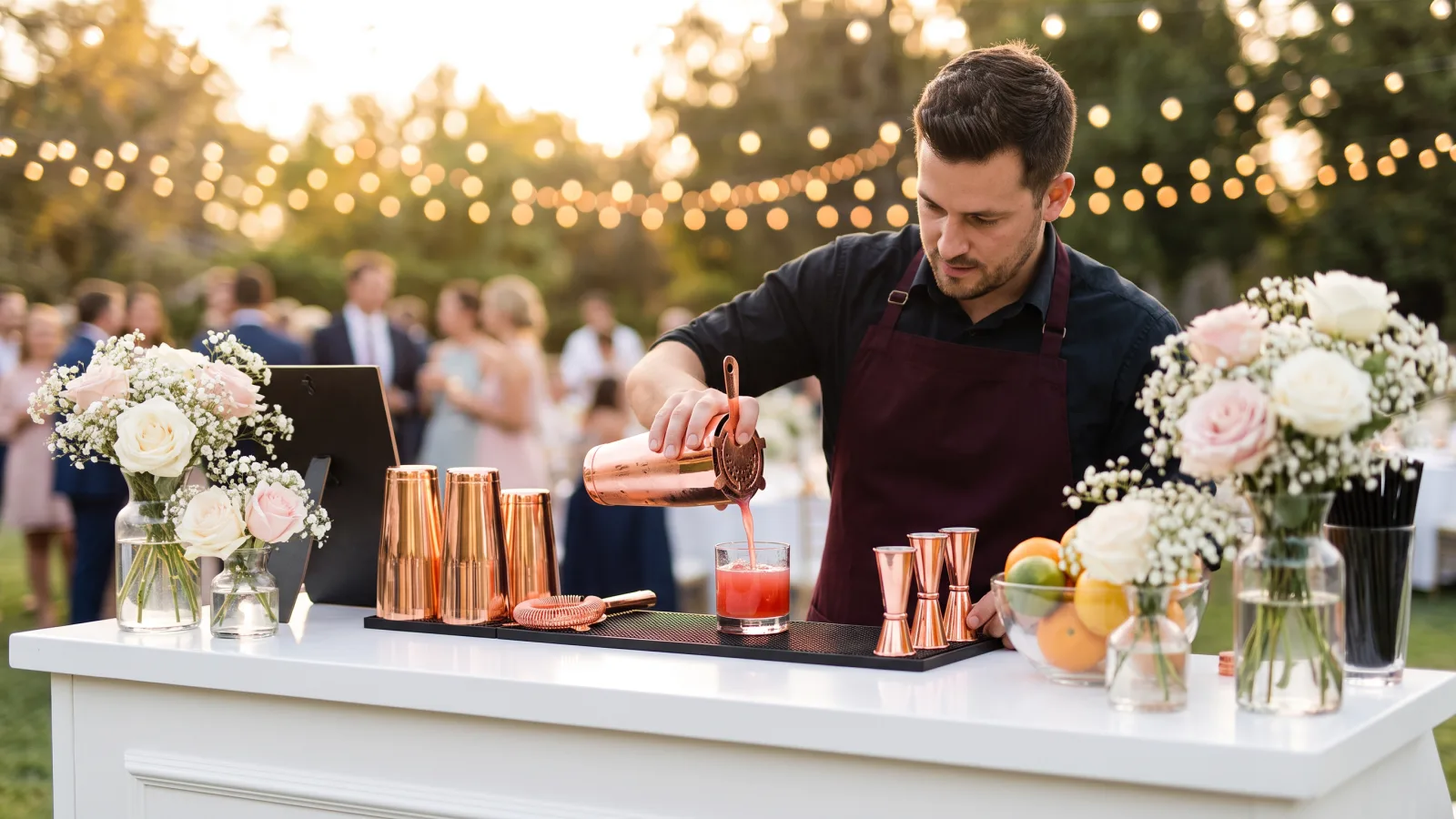 Ein Barkeeper mixt Cocktails an einer stilvollen Outdoor-Bar, perfekt für Hochzeits Catering Ideen.