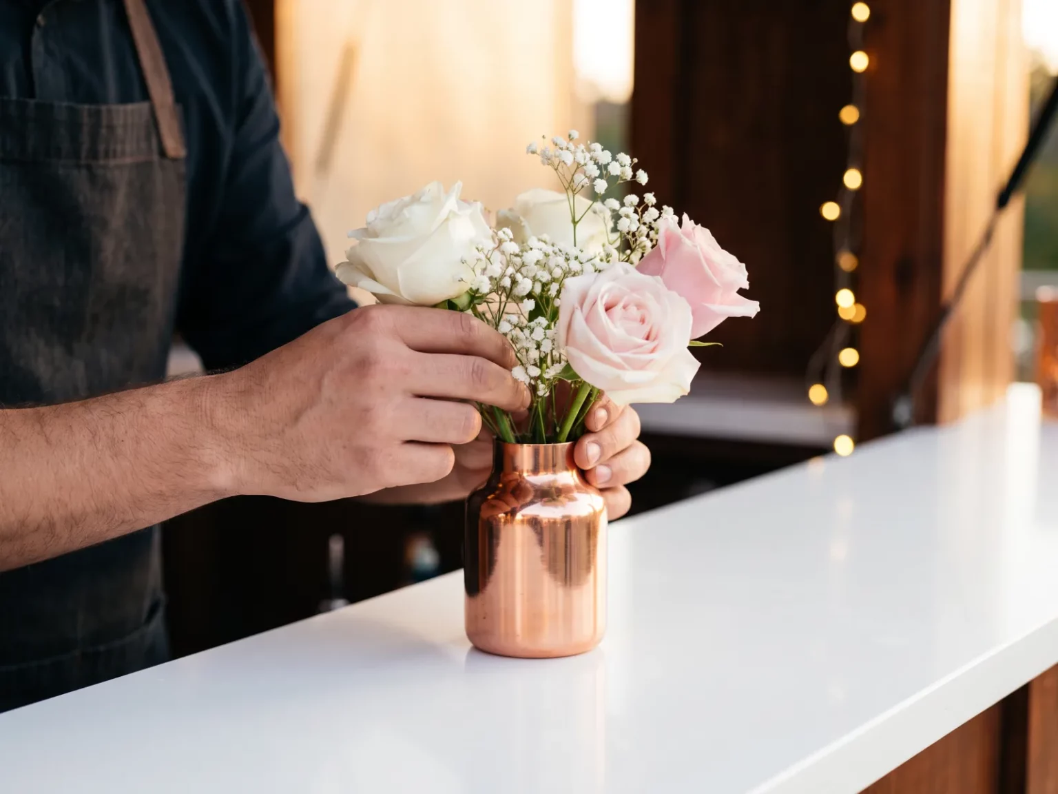 Hände eines Barkeepers arrangieren rosa und weiße Rosen in einer kupfernen Vase auf einer weißen Bar.