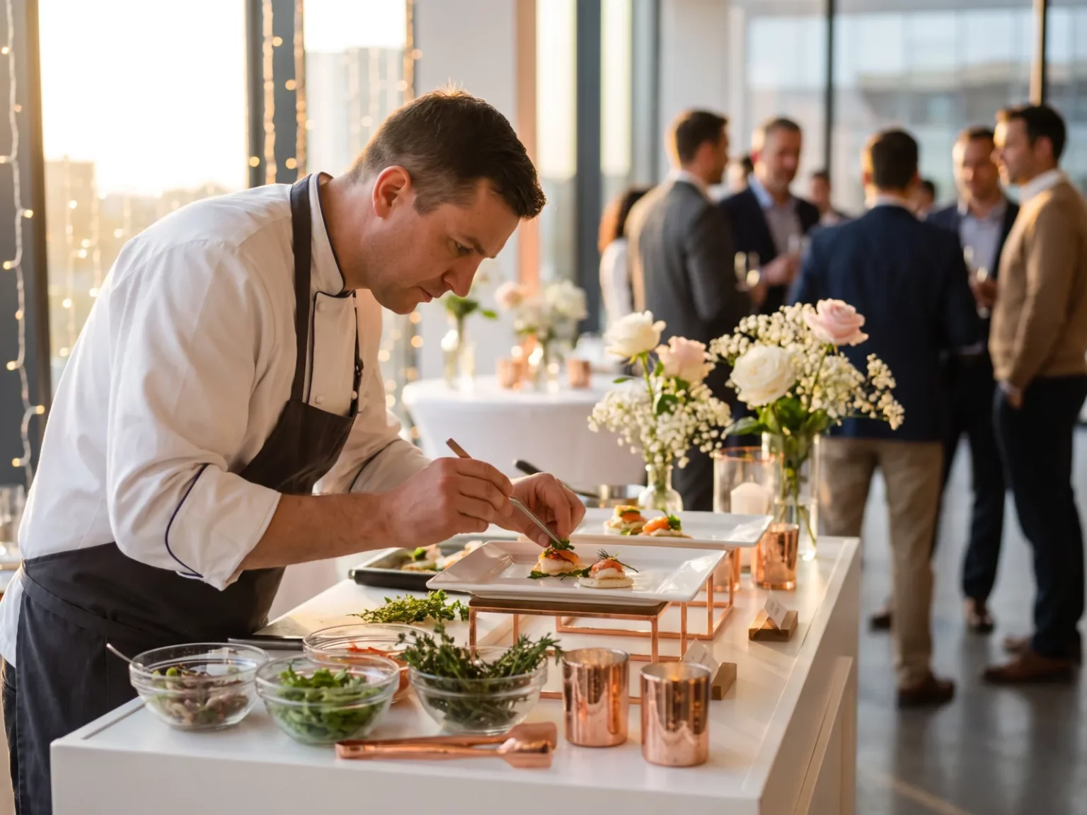 Ein professioneller Koch richtet kunstvoll kleine Gourmet-Häppchen für ein stilvolles Business-Catering in Bad Schwartau an.