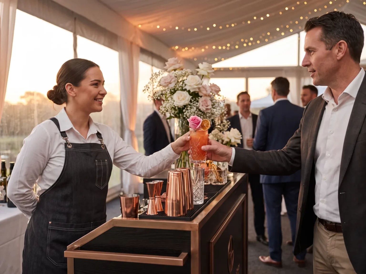 Eine Barkeeperin reicht einem elegant gekleideten Gast einen frisch zubereiteten Cocktail auf einem Firmenevent.