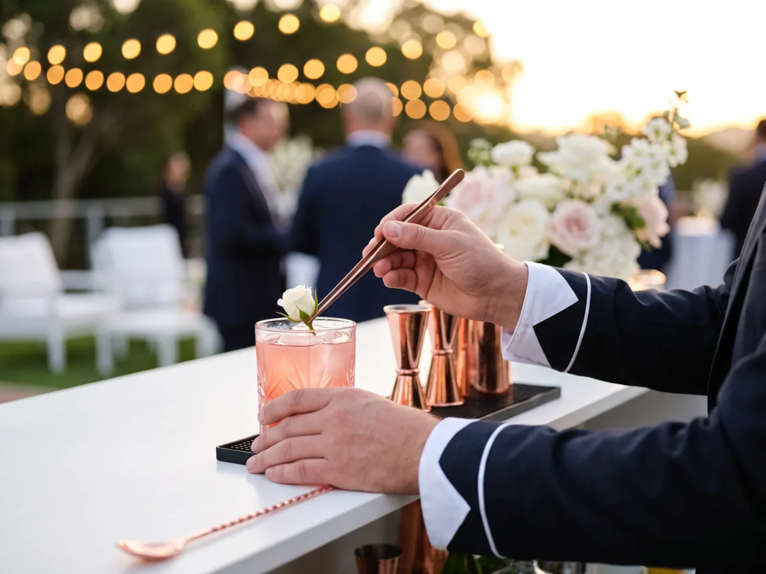 Nahaufnahme eines Barkeepers, der einen rosafarbenen Cocktail mit einer weißen Rose garniert.