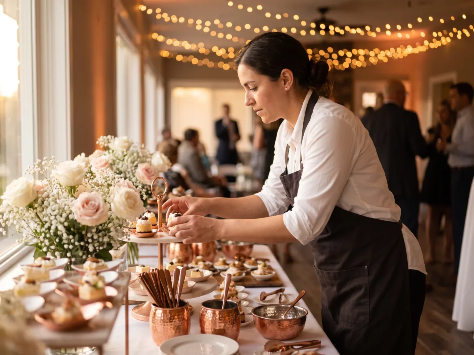 Eine Servicekraft arrangiert elegant angerichtete Desserts auf einem Buffet bei einer gehobenen Geburtstagsfeier.